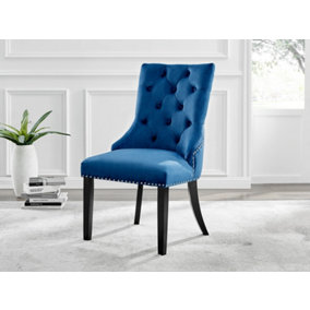 Set of 2 Belgravia Blue Deep Padded Soft Velvet Black Powder Coated Leg Chrome Knockerback Dining Chairs