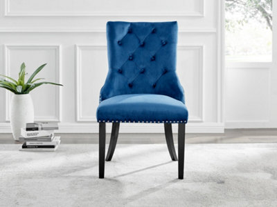 Set of 2 Belgravia Blue Deep Padded Soft Velvet Black Powder Coated Leg Chrome Knockerback Dining Chairs