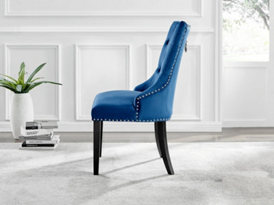 Set of 2 Belgravia Blue Deep Padded Soft Velvet Black Powder Coated Leg Chrome Knockerback Dining Chairs