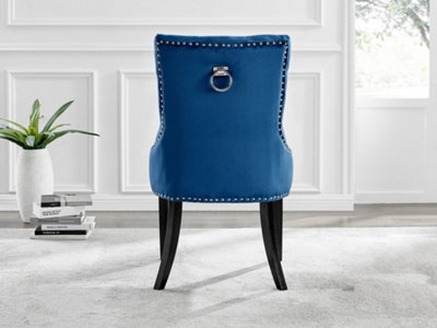 Set of 2 Belgravia Blue Deep Padded Soft Velvet Black Powder Coated Leg Chrome Knockerback Dining Chairs