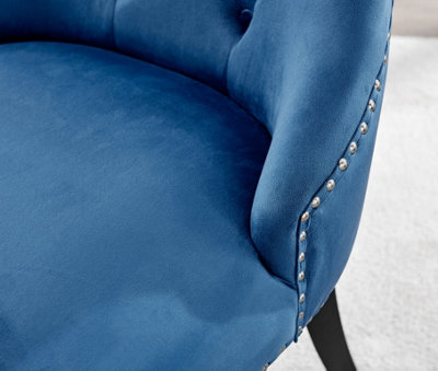 Set of 2 Belgravia Blue Deep Padded Soft Velvet Black Powder Coated Leg Chrome Knockerback Dining Chairs