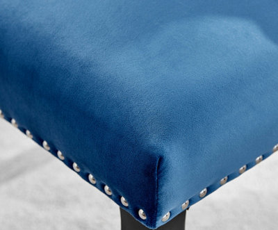 Set of 2 Belgravia Blue Deep Padded Soft Velvet Black Powder Coated Leg Chrome Knockerback Dining Chairs