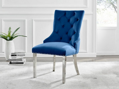 Set of 2 Belgravia Blue Deep Padded Soft Velvet Silver Chrome Leg Knockerback Dining Chairs