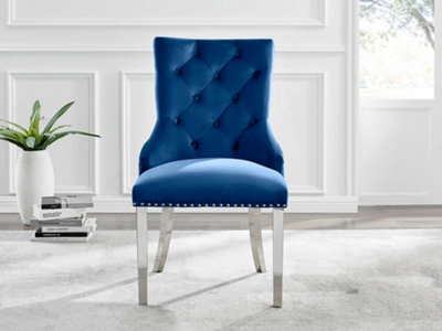 Set of 2 Belgravia Blue Deep Padded Soft Velvet Silver Chrome Leg Knockerback Dining Chairs