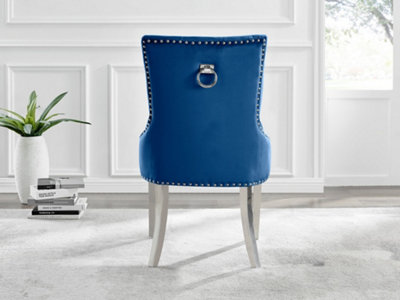 Set of 2 Belgravia Blue Deep Padded Soft Velvet Silver Chrome Leg Knockerback Dining Chairs