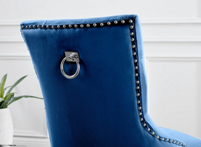 Set of 2 Belgravia Blue Deep Padded Soft Velvet Silver Chrome Leg Knockerback Dining Chairs