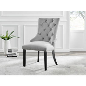 Set of 2 Belgravia Elephant Grey Deep Padded Soft Velvet Black Powder Coated Leg Chrome Knockerback Dining Chairs
