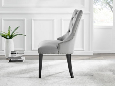 Set of 2 Belgravia Elephant Grey Deep Padded Soft Velvet Black Powder Coated Leg Chrome Knockerback Dining Chairs