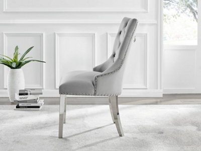 Set of 2 Belgravia Elephant Grey Deep Padded Soft Velvet Silver Chrome Leg Knockerback Dining Chairs