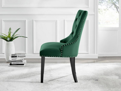Set of 2 Belgravia Green Deep Padded Soft Velvet Black Powder Coated Leg Chrome Knockerback Dining Chairs
