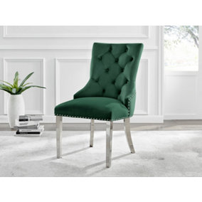 Set of 2 Belgravia Green Deep Padded Soft Velvet Silver Chrome Leg Knockerback Dining Chairs