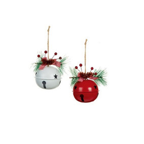 Set of 2 Bells with Floristry Christmas Tree Decoration Baubles 90mm