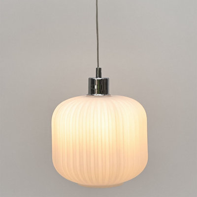 Set of 2 Bento - White Ribbed Glass with Chrome Pendant Fittings