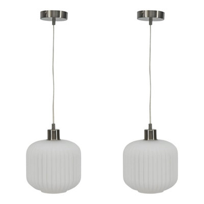 Set of 2 Bento - White Ribbed Glass with Satin Nickel Pendant Fittings