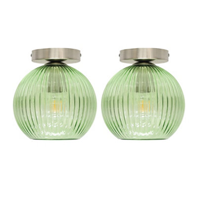 Set of 2 Betchley - Green Glass Globe Satin Nickel Ceiling Lights