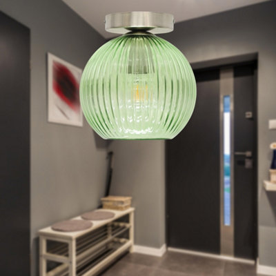 Set of 2 Betchley - Green Glass Globe Satin Nickel Ceiling Lights