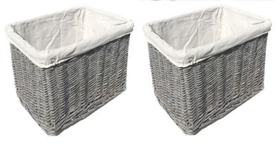 SET OF 2 Big Huge Deep Living Room Fireplace Log Basket Full Wicker Storage Box Grey Large 46.5 x 33 x 26 cm