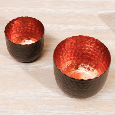 Set of 2 Black and Copper Hammered Decoration Centrepiece Décor Tealight Candle Holder