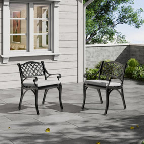 Set of 2 Black Cast Aluminum Chairs Garden Patio Furniture  Chairs Outdoor Bistro Dining Chairs Armchair with Seat Cushions