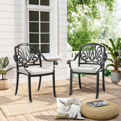 Set of 2 Black Cast Aluminum Outdoor Dining Chairs Patio Stackable Armchairs with Cushions 93 cm