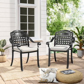 Set of 2 Black Cast Aluminum Outdoor Dining Chairs Patio Stackable Armchairs with Cushions