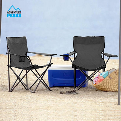 Set of 2 BLACK Folding Camping Chair With Armrest, Drink Holder & Carry Bag