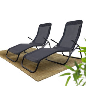 Set of 2 Black GardenCo Siesta Textilene Sun Loungers Garden Furniture Chairs - Adjustable 2 positions