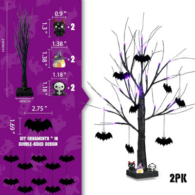 Set of 2 Black Halloween Tree with Bats Ornaments Battery Operated ...