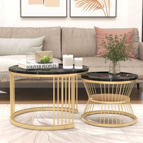 Set of 2 Black Marble Effect Round Coffee Tables Nesting Tables with Golden Frame