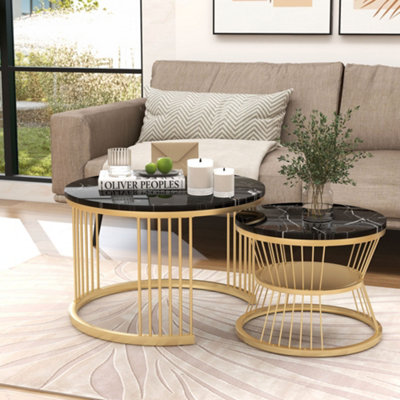 Set of 2 Black Marble Effect Round Coffee Tables Nesting Tables with Golden Metal Frame