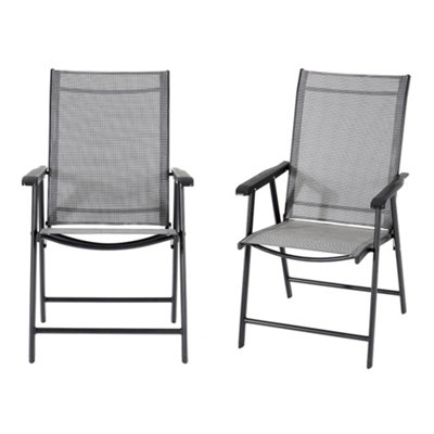 Set of 2 Black Reclining High Back Metallic Frame and Fabric Garden Folding Chairs with Armrests