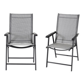Set of 2 Black Reclining High Back Metallic Frame and Fabric Garden Folding Chairs with Armrests