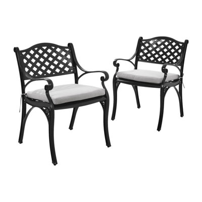 Set of 2 Black Retro Curved Seat Cast Aluminum Garden Chairs Patio Dining Armchair Set with Cushions