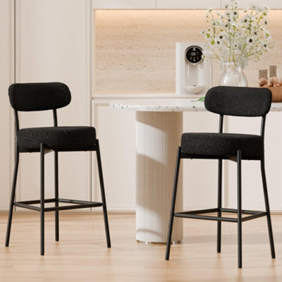 Set of 2 Black Upholstered Bar Stools, Teddy Fabric Kitchen Breakfast Barstools with Curved Backrest