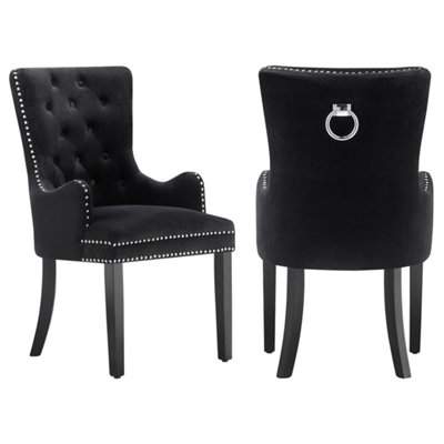 Set of 2 Black Velvet Dining Chairs with Armrest, Ergonomic Scoop Knockerback & Button Tufted Wood Legs