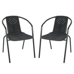 Set of 2 Black Vintage Style Stacking Rattan Patio Garden Chairs Outdoor Armchairs with Metal Frame