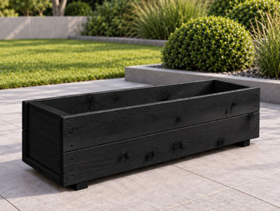 Set of 2 Black Wooden Garden Planters Heavy Duty Flower Plant Troughs ...