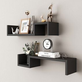 Set of 2 Black Wooden Wall Mounted Floating Shelves 58cm (W) x 10cm (D) x 12cm (H)