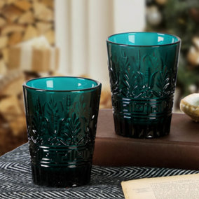 Set of 2 Blue Art Deco Drinking Tumbler Glass Father's Day Wedding Decorations Ideas