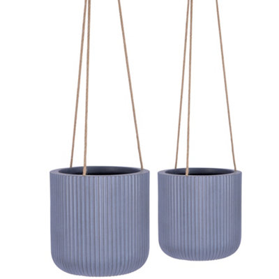 Set of 2 Blue Rippled Finish Hanging Planter Indoor Outdoor Flower Plant Pot Houseplant Garden Planters