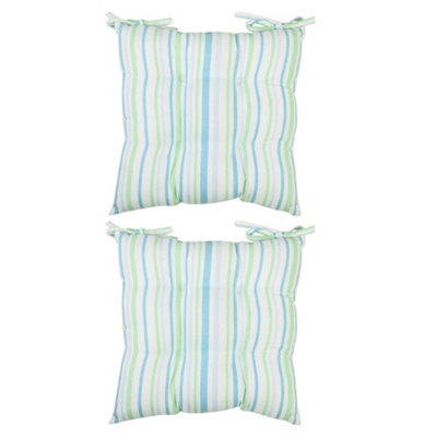 Set of 2 Blue Striped Indoor Outdoor Garden Furniture Seat Pad Cushions (L)40cm x (W)40cm