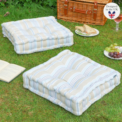 Set of 2 Blue Striped Outdoor Garden Chair Box Seat Pad Cushions