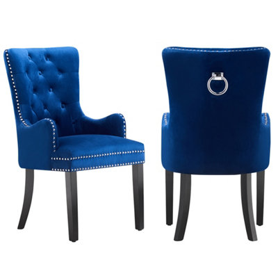 Set of 2 Blue Velvet Dining Chairs with Armrest, Ergonomic Scoop Knockerback & Button Tufted Wood Legs