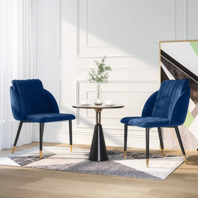 Set of 2 Blue Velvet Soft Padded Dining Chair with Metal Legs