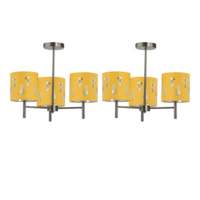 Set of 2 Brea - Antique Brass 3 Light Fittings with Ochre Fern Shades