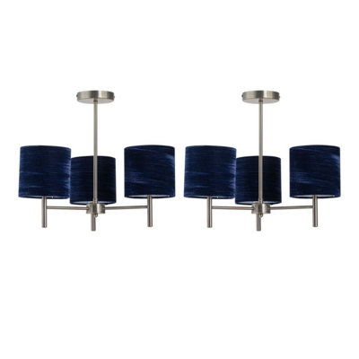 Set of 2 Brea - Antique Brass Light Fittings & Navy Blue Velvet Shades