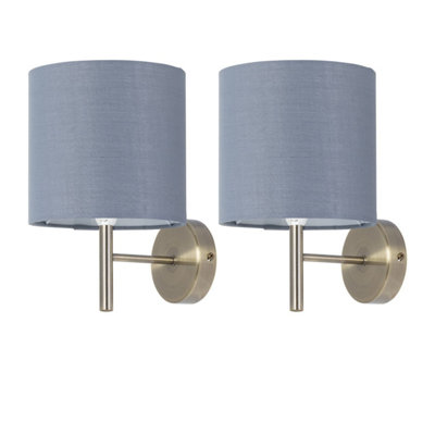 Set of 2 Brea - Antique Brass Wall Lights with Grey Cotton Shades