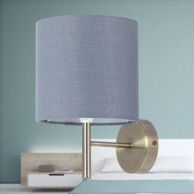 Set of 2 Brea - Antique Brass Wall Lights with Grey Cotton Shades
