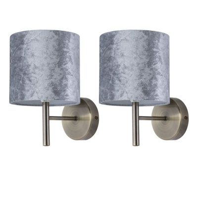 Set of 2 Brea - Antique Brass Wall Lights with Grey Velvet Shades