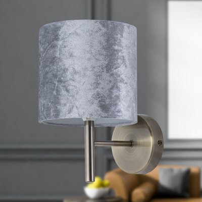 Set of 2 Brea - Antique Brass Wall Lights with Grey Velvet Shades